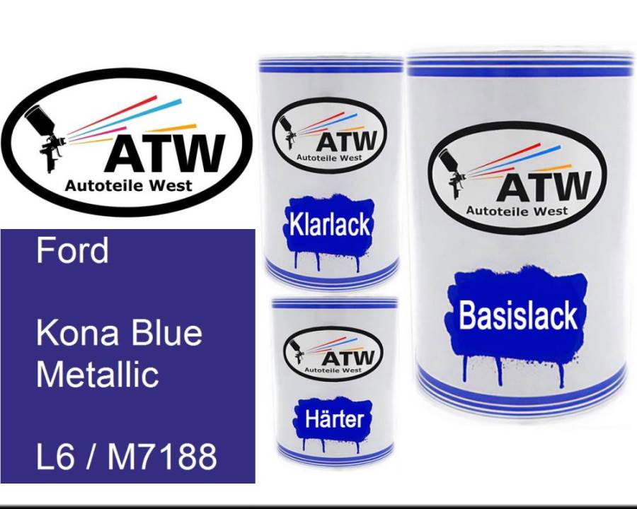 Ford, Kona Blue Metallic, L6 / M7188: 500ml Lackdose + 500ml Klarlack + 250ml Härter - Set, von ATW Autoteile West.